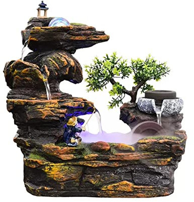 WOTZOV Fontana a Cascata Fontana da Tavolo Fontana a Cascata in Roccia Fontana a Cascata in Resina Fontana da Tavolo per Interni con Sfera di Cristallo e Pompa dell'Acqua Automatica per u,S
