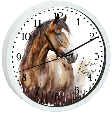 CreaDesign, Wanduhr Kinder personalisiert mit Name, Motiv Wanduhr mit weißen Rahmen Pferd, Rahmen Wanduhr weiß, Ø 19,5 cm