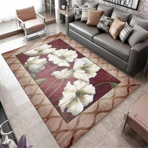 RUGMRZ Teppich Für Flur 100x160CM Teenager Kind rot Weißer Retro-Blumenmuster schmutzabweisender Wohnzimmerteppich