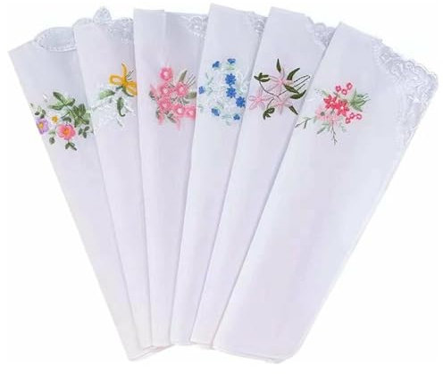 Amexo 6 Piezas Pañuelos para Mujer, 28x28cm Pañuelo de Encaje Floral para Mujer Pañuelos Bordados Florales Vintage Pañuelos Bordados de Algodón Suave, para Fiesta de Boda