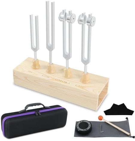 NEWFUN Stimmgabel,Stimmgabel Neurologie,4er Set (128 Hz, 136.1 Hz, 256 Hz,384 Hz), für Klangtherapie Gewichtete Stimmgabel Geeignet für Meditation, Anti-Kompression