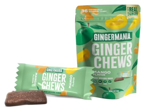 Gingermania™ Ginger Chews | Mango Flavor | Made with Real Ginger & Mango | Sweet & Spicy Chewy Candy | 36 Individually Wrapped Chews Per Bag | 5oz Bag (Pack of 6)