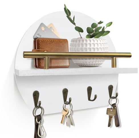 KISENG Key Holder Wall Mount Mail Organizer with Shelf & 4 Hooks, Semicircle Decorative Key Rack, Rustic Key Hanger for Entryway, Apartment Essentials, Home Decor Aesthetic