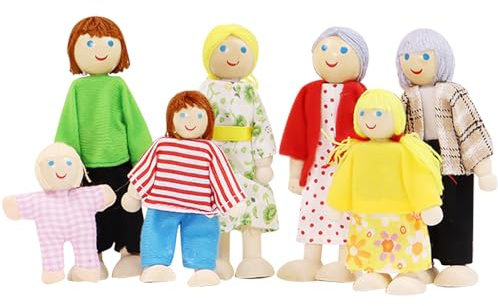 DAVBNM Sets of 7 People Wooden DollHouse Family Dolls Toys, Wooden Figure Set, Lovely Happy Family Doll Playset, Dollhouse Accessories, DollPeople Playset for Doll House Kids Children