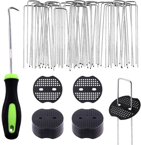 Swpeet 101 estacas de jardín en forma de U y junta de fijación de plástico con gancho de púa, juego surtido de grapas de jardín para mangueras de riego, vallas fijas, clavos de césped artificial