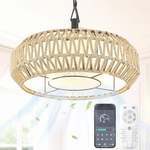 KZT Deckenventilator mit Beleuchtung Und Fernbedienung E14 Retro Deckenlampe mit Ventilator Natural Hand Woven Pendelleuchte 6-Gang Reversibler Motor Lampe mit Ventilator für Schlafzimmer Verstellbar