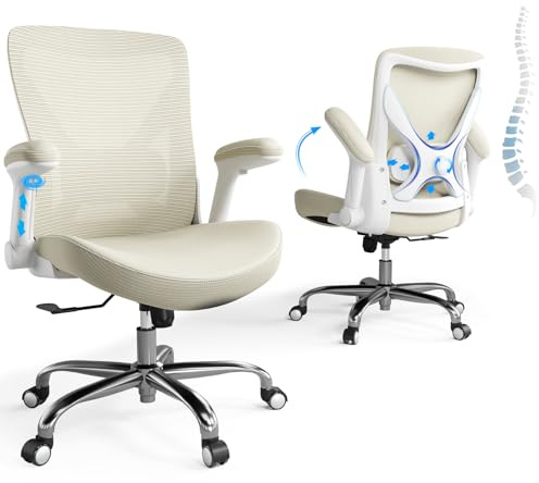 Ergalithic Office Home Ergonomic Desk Chair-Computer X-Shaped Chair Mesh PU Leather with Adjustable Lumbar Support-Executive Chair High Back Flip-Up Arms for Long Hours (Beige-No Headrest)