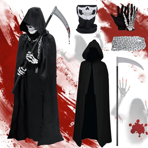 Luckeey Disfraz de Parca para niños, disfraz de Halloween, 5 unidades, disfraz de hombre de la parca, capa de hoz, máscara de cráneo, guantes y cadena, cinturón para Halloween, carnaval, fiesta