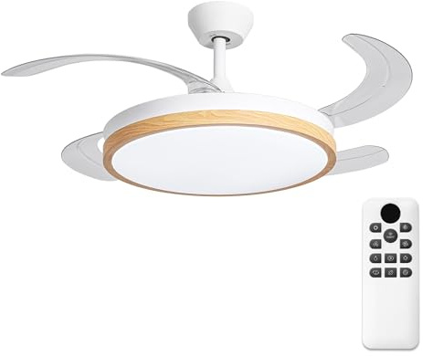 Parrot Uncle Ventilador de Techo con Luz y Aspas Retráctiles, 36W, Motor DC Silencioso, Diámetro 106cm, Función Verano e Invierno, 6 Velocidades, Programable, Mando a Distancia, Blanco -Madera