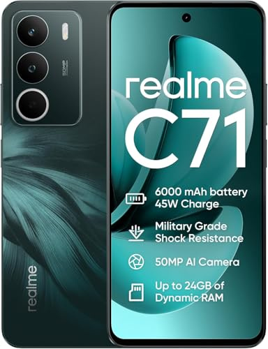 realme C71 Smartphone 6+128Go, 6000mAH Battery, 45W Fast Charge, 50MP AI Camera, Octa-Core Chipset, 6.67'' 120Hz Eye Comfort Display, IP54 (sans Chargeur) - Vert