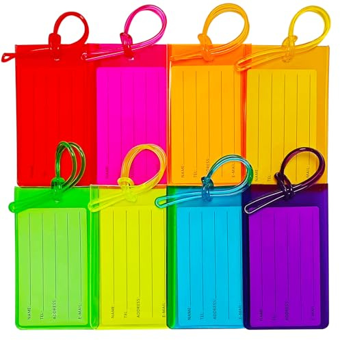8pcs Luggage Tags for Suitcases, Colourful Plastic Waterproof Suitcase Labels Identifiers with Name Id Card, Travel Accessories for Baggage Bags, Checked Luggage, Backpacks (8 Colours)