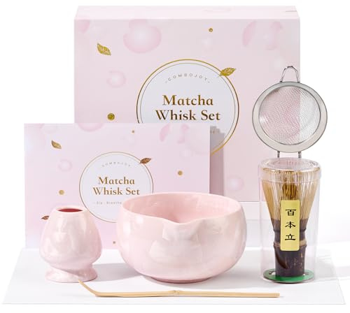 ComboJoy Matcha vispset, 6 st japansk matchningskit med rosa kristallin glasyr matchningsskål, lila bambuvisp, skopa, syster och kökshandduk – födelsedagspresenter för kvinnor mamma henne