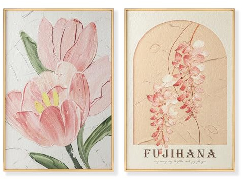 Cuadros decorativos enmarcados conjunto de 2 decoraciones de pared con plantas y flores coloridas decoración de pared con flores rosas para salones dormitorios y habitaciones de niñas 23,6*15,7 inch