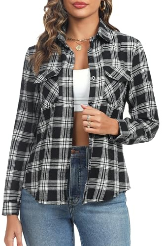 Aottori Camicetta Donna Quadri Elegante Camicia in Cotone Blusa a Maniche Lunghe Camicie Scozzese Flanella vestibilità Classica Nero Bianco S