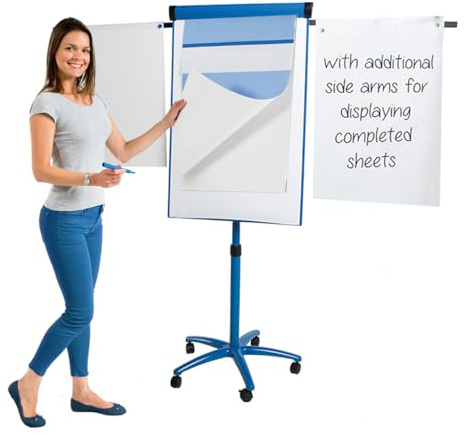 Metroplan Mobile Flipchart Easel, Blue frame 1000 x 680 mm, With Locking Castors & Extendable Arms - Ideal for Office, Classroom, Training Venues