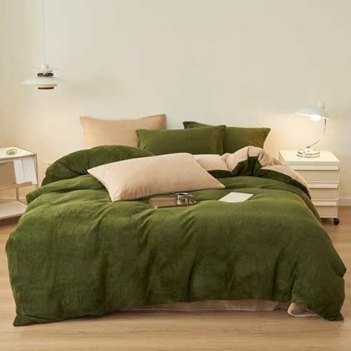 HAIBA Housse de Couette Flanelle 220 x 240 cm Vert Beige avec Fermeture Éclair – pour lit Kingsize 2 Personnes - Housse de Couette Réversible Hiver - Flanelle Chaude Parure de Lit