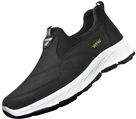 Slip On Sneaker herr, löparskor, inomhusskor herr, promenadskor utan skosnören, vandringsskor, halkfria sneakers, läder, joggingskor, enfärgade, fritidsskor, sportiga, män, träningsskor, svart, 43 EU