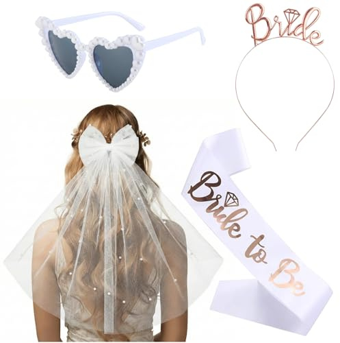 4 Stück Bride to be Set mit Schleier Braut Tiara und Schärpe, edle JGA Deko als stilvolle Accessoires für Junggesellenabschied und romantische Bachelorette Party Fotos