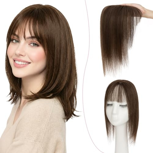 SEGO Pro hårstycke med lugg äkta hår hårdel toppers clip in Extensions toupet hårförlängning ponny toupee kvinnor Remy med 3 klämmor 35 cm mörkbrun #02