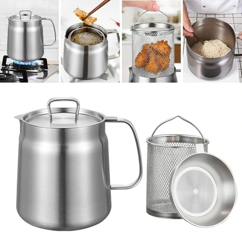 Yeqqzq 2L Oil Filter Pot, 304 Stainless Steel Bacon Grease Container with Strainer & Basket, Large Capacity Multifunctional Oil Strainer Pot for Kitchen Camping