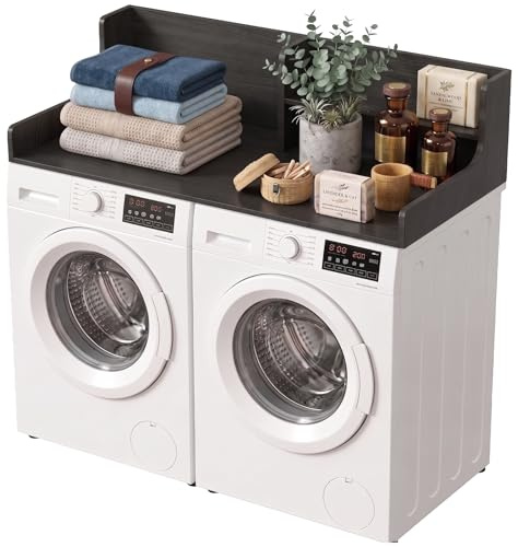 Plan de Travail pour Machine à Laver et Sèche-Linge 137x70cm, Comptoir Buanderie en Bois Pliable avec Étagère de Rangement et Rebord de Sécurité, Plateau Dessus Machine à Laver Gain de Place