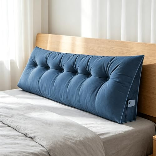 XUANYU Rückenkissen 180 cm Breit - Lesekissen für Bett und Sofa Keilkissen Rückenpolster Kissen mit Waschbarem Bezug und Praktischem Seitenfach (Blau II 180 cm)