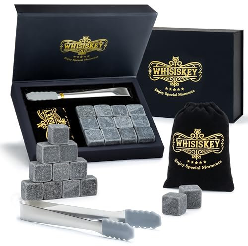 WHISISKEY Whisky Accessories - 12 Whiskey Stones - Whiskey Gift Set for Men - Reusable Ice Cubes