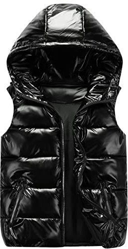 SEAUR Gilet invernale per bambini, con cappuccio, per attività all'aperto, antivento, leggero, 110-160 cm, Nero , 140