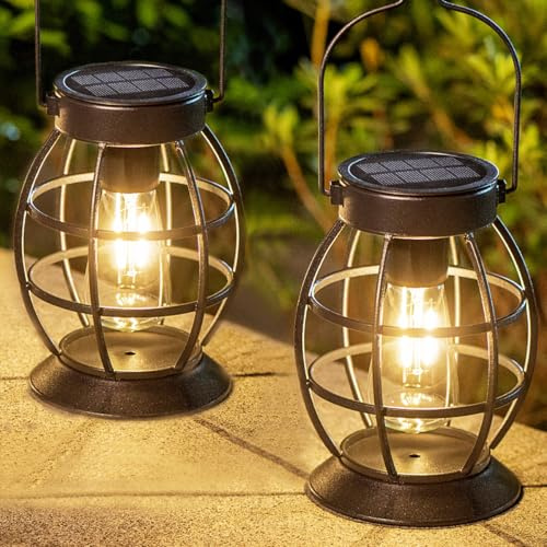 LeiDrail Solar Lanterns Outdoor 2 Pack, Hanging Waterproof Metal Lantern Dual LED Warm White, Auto On/Off Garden Patio Yard Porch Pathway Table Decor, Solar Powered Gift for Women