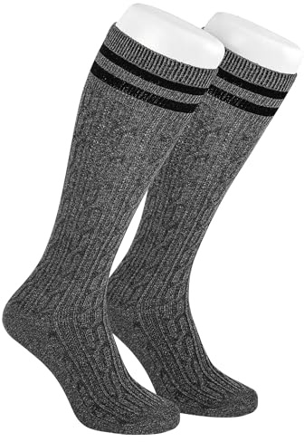 AVAYUU 1 paia di calzini da uomo per costume tradizionale bavarese, a righe, in cotone, a treccia, al ginocchio, stile country, mélange, in vita confortevole e senza cuciture, grigio scuro