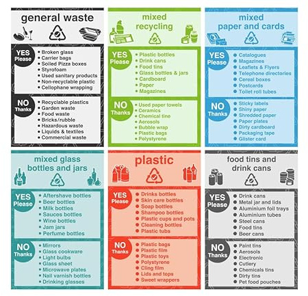 Recycling signs complete pack of 6 essential for recycling bins - High tack self-adhesive sticker (300mm x 200mm) Viewing Distance within 7m.