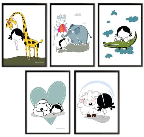 MUXOTE - Pack de 5 Láminas Decorativas Infantiles de Animales. Cuadro Poster Puerta Pared Habitación, Dormitorio, Escaparate, Tienda, Recepción, Ludoteca, Guardería. - Sin marcos - A3(30x42cm)