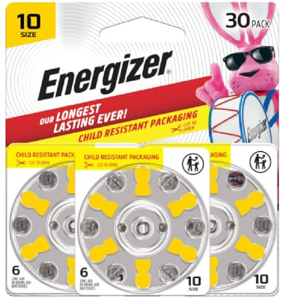 Energizer Hearing Aid Batteries Size 10, Yellow Tab, 30 Pack