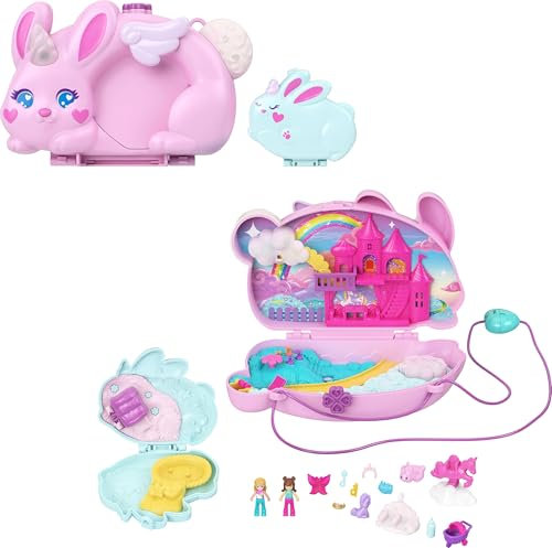 Polly Pocket tragbares Reisespielzeug mit 2 Mikropuppen und 12 Zubehörteilen inklusive Tieren, 2-in-1-Spielset Bunny Fun Taschen-Schatulle, Thema Häschen-Einhorn, JFT88