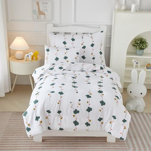 Mucalis Set di biancheria da letto per bambine e bambine, 5 pezzi, con stampa floreale, colore bianco, grazioso e morbido, include piumone, lenzuolo piano, lenzuolo con angoli e 2 federe