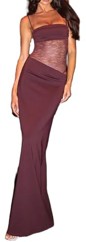 WERNZATT Ensemble de jupe Y2K en dentelle transparente patchwork avec bretelles nouées sans manches pour femme, rouge vin, S
