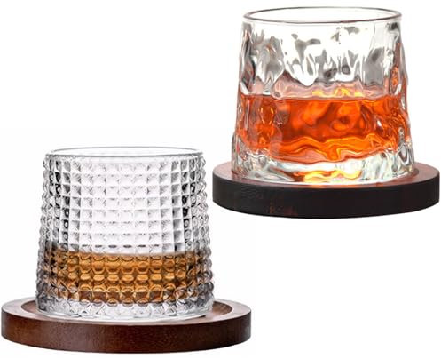 Ligeinsrk Set di occhiali da whisky da 2, 300 ml di bicchiere di whisky con 2 pezzi creative sottobicchieri in legno rotabili bicchieri rotanti rotanti per soth, bourbon, cocktail, set di, gl