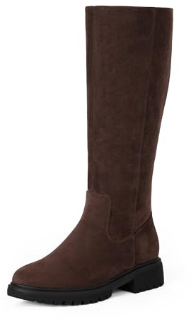 VIUGJNEX Knee High Boots for Women Platform Flat Tall Chocolate Brown Suede Boots Low Heel Round Toe Womens Riding Boot Lug Sole Long Fall Boot Size 8