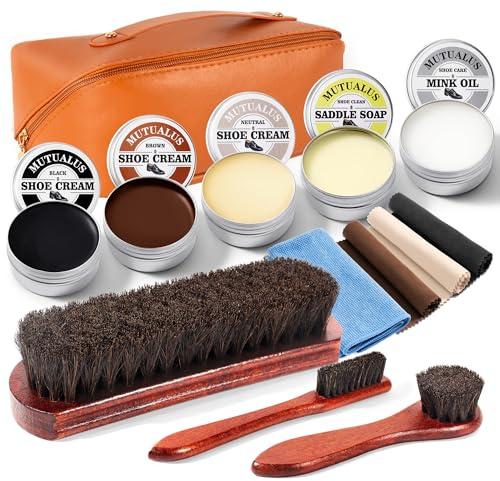 MUTUALUS 13PCS Horse Hair Shoe Brush Polish Cleaner Kit, 3PCS Shoe Brush With Black & Brown Mink Saddle Oil, Polishing Cloth Microfiber Cloth Storage Pouch