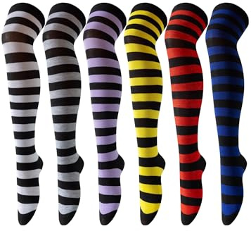 Candsliky 6 Pairs Women's Thigh High Socks - Over Knee Warm Stockings for Boots, Cosplay, Daily Wear | Non-Slip Elastic Leg Warmers (black and colour)