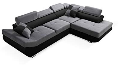 Robin Saturn Ecksofa mit Schlaffunktion Bettkasten 5 Verstellbare Kopfstützen 2 Kissen Sofa L-Form Schlafsofa Freistehende Eckcouch Schlafcouch Wohnzimmermöbel Wohnlandschaft Rechts Grau Schwarz