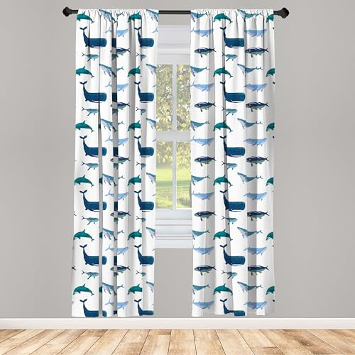 ABAKUHAUS Wal Fenstervorhänge, Schwimmen Meerestiere, Leichtes Dekor-2-Panel-Set mit Stangentasche, 2 Stück 150 cm x 175 cm,Teal Dunkelblau Weiß
