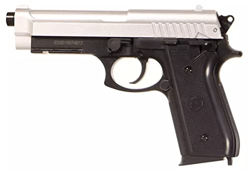 CyberGun Pistolet Airsoft- PT92 Bicolore modèle à Ressort(Spring)-Couleur:Noir/Argent-Culasse métal-Puissance 0.5 Joule 220 mm
