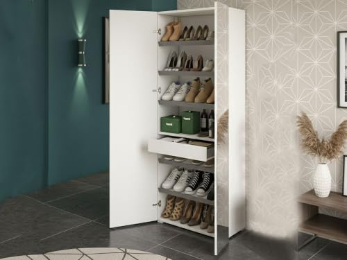 Dmora - Scarpiera Tarassaco, Mobile multiuso da ingresso con anta a specchio , Armadio moderno portascarpe a 6 ripiani, 100% Made in Italy, 72x37h195 cm, Bianco