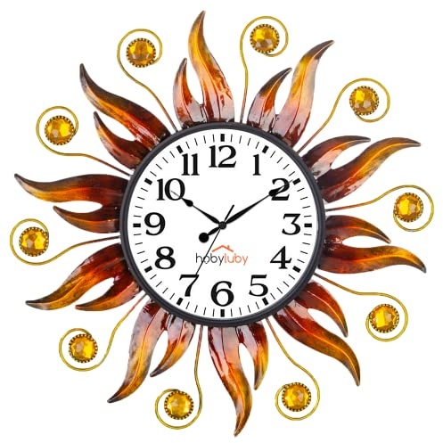 HOBYLUBY Outdoor-Uhr für Terrasse, Wohnzimmer, Heimdekoration | Wanduhr, leise, nicht tickend, 33 cm, Sonne, für den Außenbereich, Orange