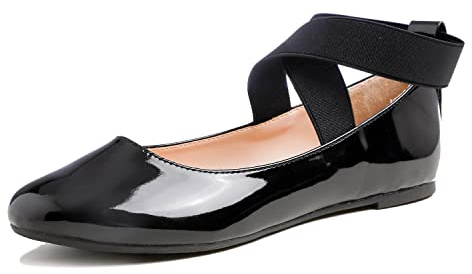 FEVERSOLE Women's Fashion Elastic Ankle Strap Shoes Round Toe Ballet Flat Black Patent Vegan Leather Size 7.5 M US