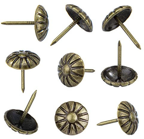 Homdire Upholstery Tacks for Furniture, 5/8“ Vintage Upholstery Nails Decorative Tack, 100PCS Heavy Duty Furniture Tacks for Upholstery, Daisy Sofa Furniture Nails for Wood, Antique Brass