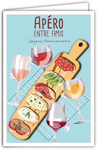AFIE 69-4307 Glückwunschkarte zum Geburtstag mit Umschlag – Mini-Poster Format 17 x 11,5 cm – Aperitif Picknick Freunde Trinken Weingläser Brett Wurst Käse Bruschetta Toast Retro Vintage