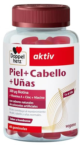 Doppelherz aktiv Piel+Cabello+Uñas, Gominolas con Vitaminas A, C, E & B6. 500 μg Biotina, Zinc, Selenio, Apróx. 60 Gomitas Blandas Veganas Sabor Frambuesa