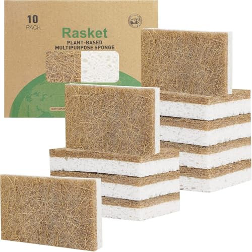 Rasket 10-pack biologiskt nedbrytbara naturliga svampar kök - komposterbar cellulosa och kokosnöt valnötsskrubbare - miljövänliga svampar för rätter